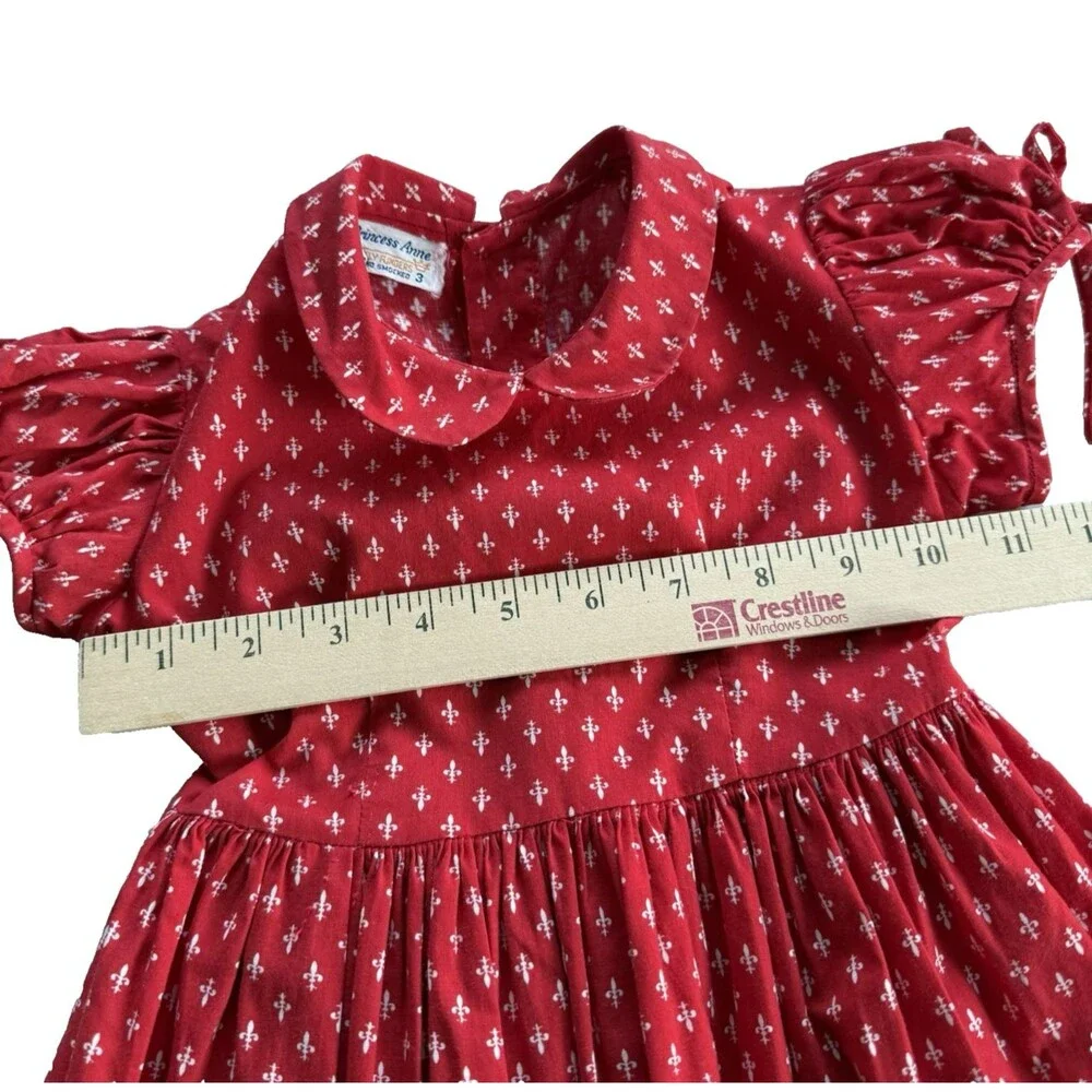 Vtg Polly Flinders Toddler 3T Dress Red Fleur de lis Hand Smocked Pinafore